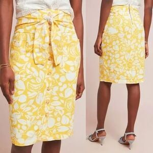 Anthropologie Yellow Citrus Print Midi Skirt Button Front Tie Waist Fruit Size 8
